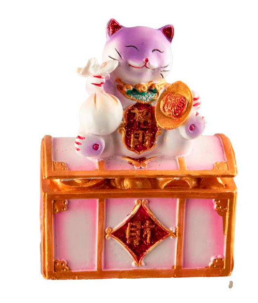 Tirelire Chat Japonais Maneki-Neko Rose et Violet en Résine