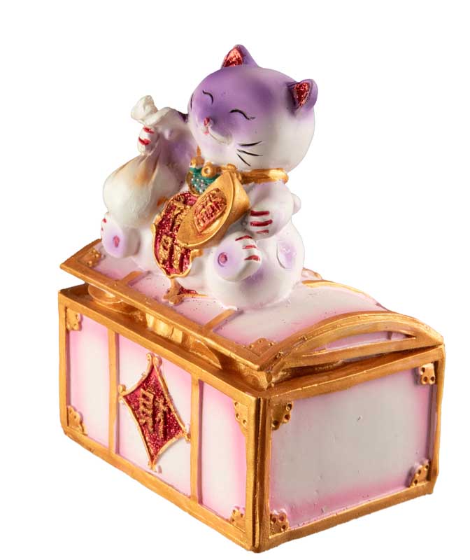 Tirelire Chat Japonais Maneki-Neko Rose et Violet en Résine