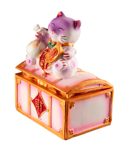 Tirelire Chat Japonais Maneki-Neko Rose et Violet en Résine