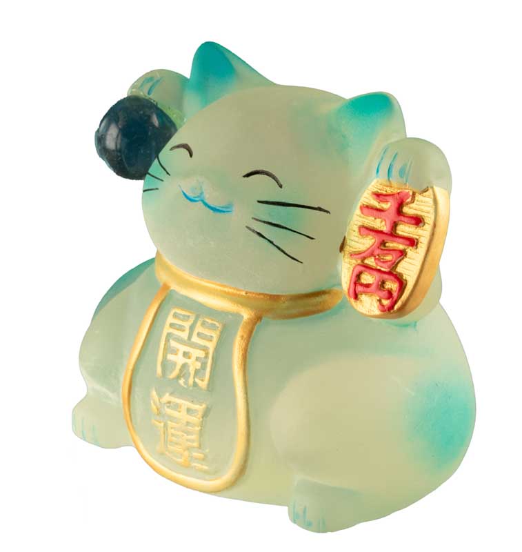 Chat Chanceux Maneki-Neko en Résine Polycristal Bleu – Figurine Décorative Kawaii