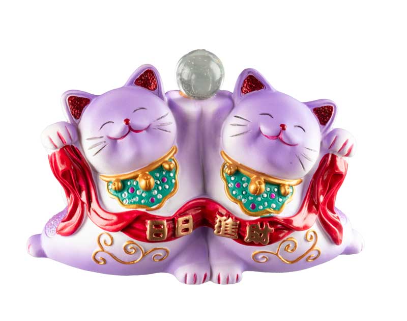 Duo Chat Maneki-Neko Violet en Résine – Statuette Décorative Kawaii 11 cm