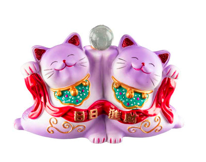 Duo Chat Maneki-Neko Violet en Résine – Statuette Décorative Kawaii 11 cm