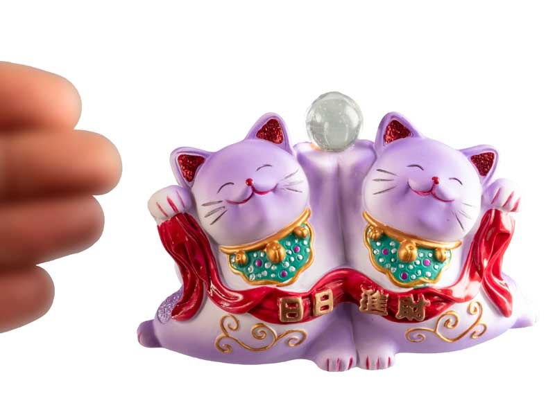 Duo Chat Maneki-Neko Violet en Résine – Statuette Décorative Kawaii 11 cm
