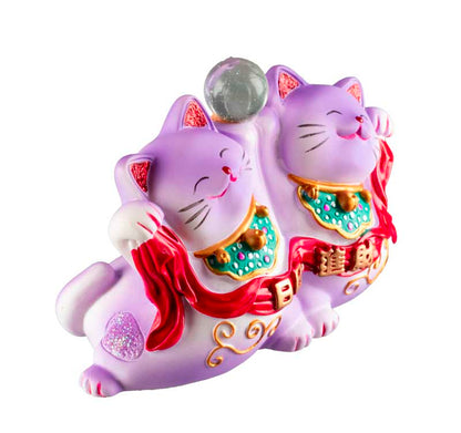 Duo Chat Maneki-Neko Violet en Résine – Statuette Décorative Kawaii 11 cm