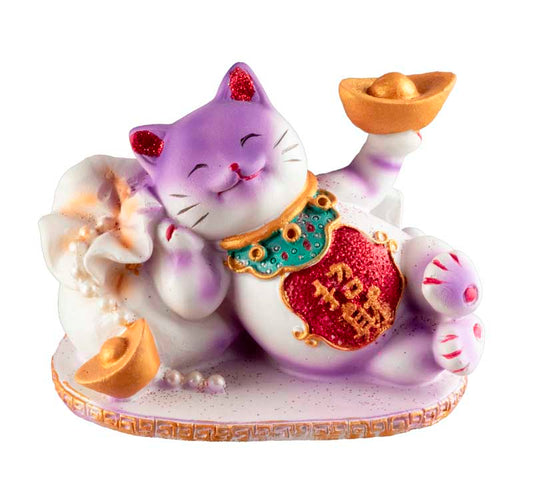 Chat Maneki-Neko Violet avec Lingot en Résine – Figurine Décorative 9 cm
