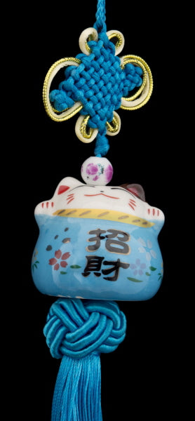 Suspension Décorative Chat Maneki Neko Bleu en Céramique Artisanale - Talisman Japonais