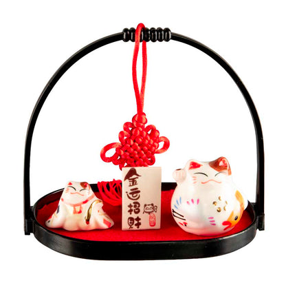 L’Élégance de la Figurine Chat Maneki-neko et son Chaton – Décoration Japonaise 11,5 cm