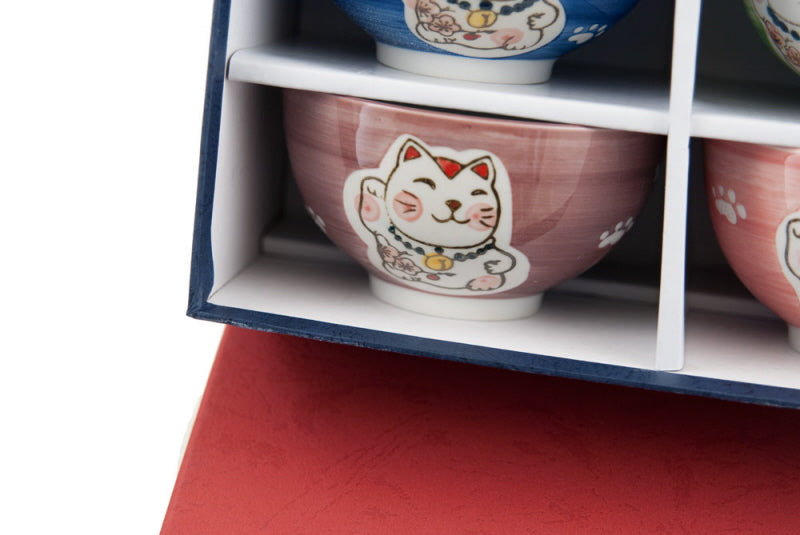 Coffret de 4 Bols Japonais Maneki Neko en Céramique – 275 ml