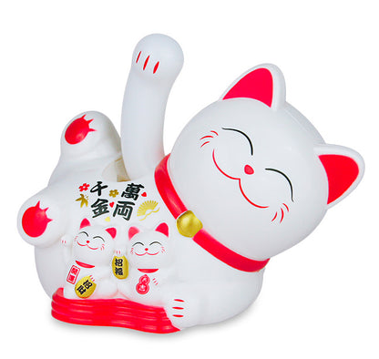 Chat Japonais Maneki Neko Blanc Allongé et ses Chatons – Figurine Solaire Animée