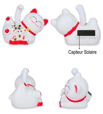 Chat Japonais Maneki Neko Blanc Allongé et ses Chatons – Figurine Solaire Animée