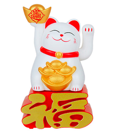 Chat Japonais Maneki Neko Blanc avec Lingot de Fortune – Figurine Solaire Animée