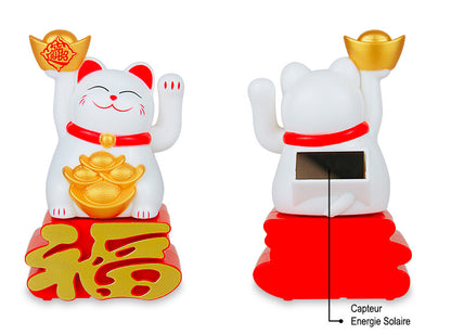 Chat Japonais Maneki Neko Blanc avec Lingot de Fortune – Figurine Solaire Animée