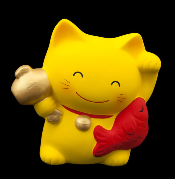 Tirelire Chat Japonais Maneki-Neko Jaune avec Poisson