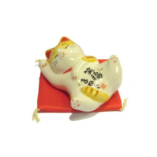 Figurine Chat Japonais Maneki-neko Bobtail Blanc et Roux – Câlin sur le Dos 8,4 cm
