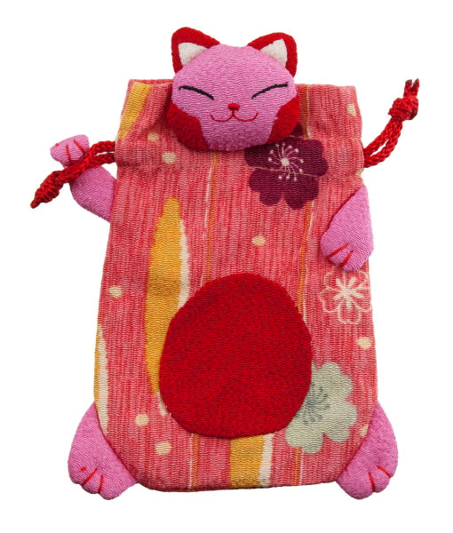 Pochette Étui Chat Japonais Maneki Neko Rose – Artisanat Fait Main