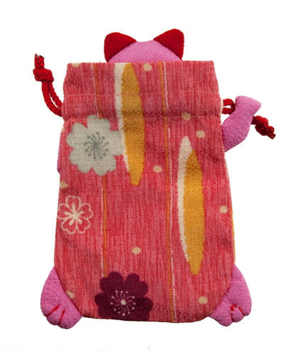 Pochette Étui Chat Japonais Maneki Neko Rose – Artisanat Fait Main
