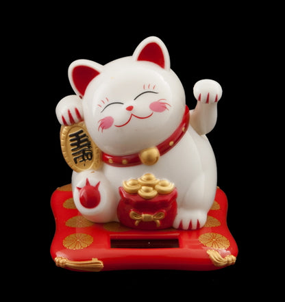 Chat Chinois Maneki Neko Blanc – Figurine Solaire Animée