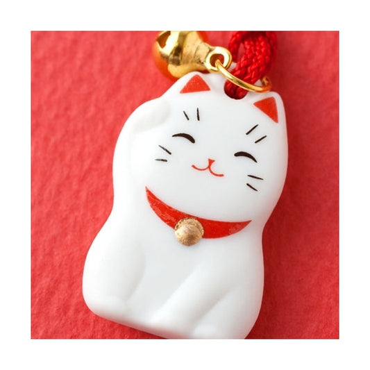 Charm Maneki Neko Blanc en Céramique Japonaise – Accessoire Porte-Bonheur