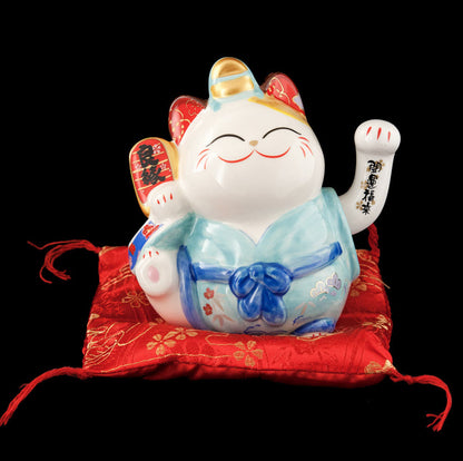Chat Chinois Maneki Neko en Céramique – Patte Animée à Pile 11,5 cm