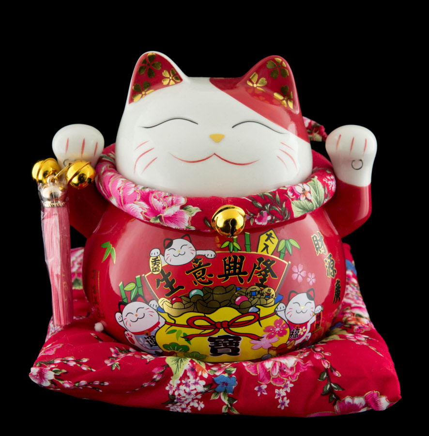 Grande tirelire Chat Maneki neko 17.cm rouge en porcelaine Patte levée 40727